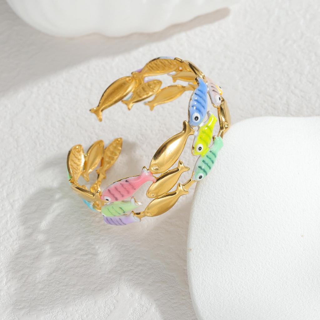 Neues Emaille-Armband im Ozean-Stil mit Fisch & Muschel Offener Armreif Trend