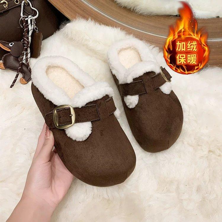 Бархатные полутапочки с толстой подошвой, новые осенне-зимние меховые Birkenstocks, ленивые теплые хлопковые тапочки 35
