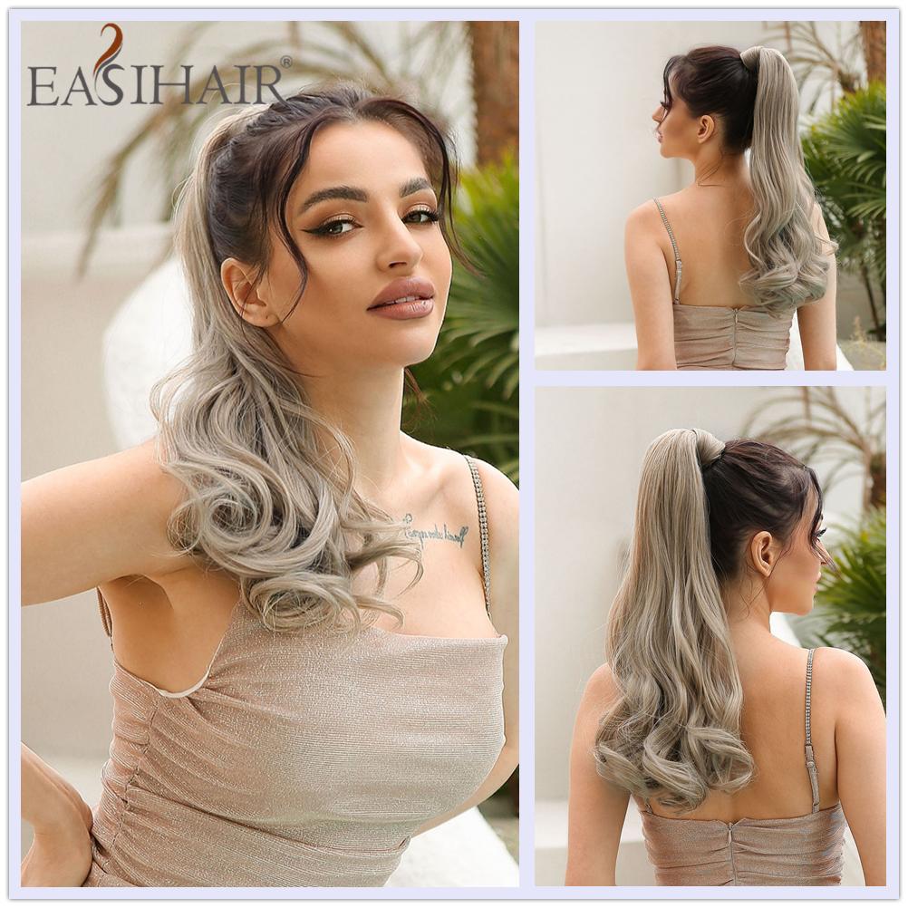 

EASIHAIR Длинные волнистые вьющиеся волосы на заколке в хвосте Наращивание волос Синтетический конский хвост Накладные волосы Коричневые платиновые накладные афро-шиньоны Парик