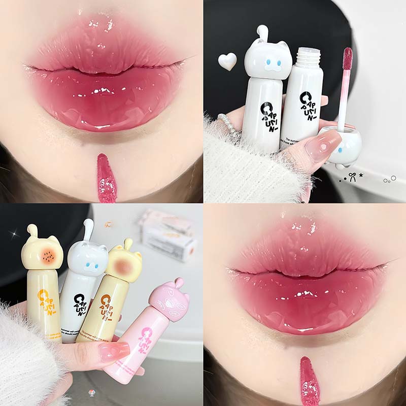Mirror Water Lip Gloss Cute Cat Crystal Jelly Lipstick Hydrating Plumping Moisturizing Lip Tint Waterproof Non Stick Cup Makeup