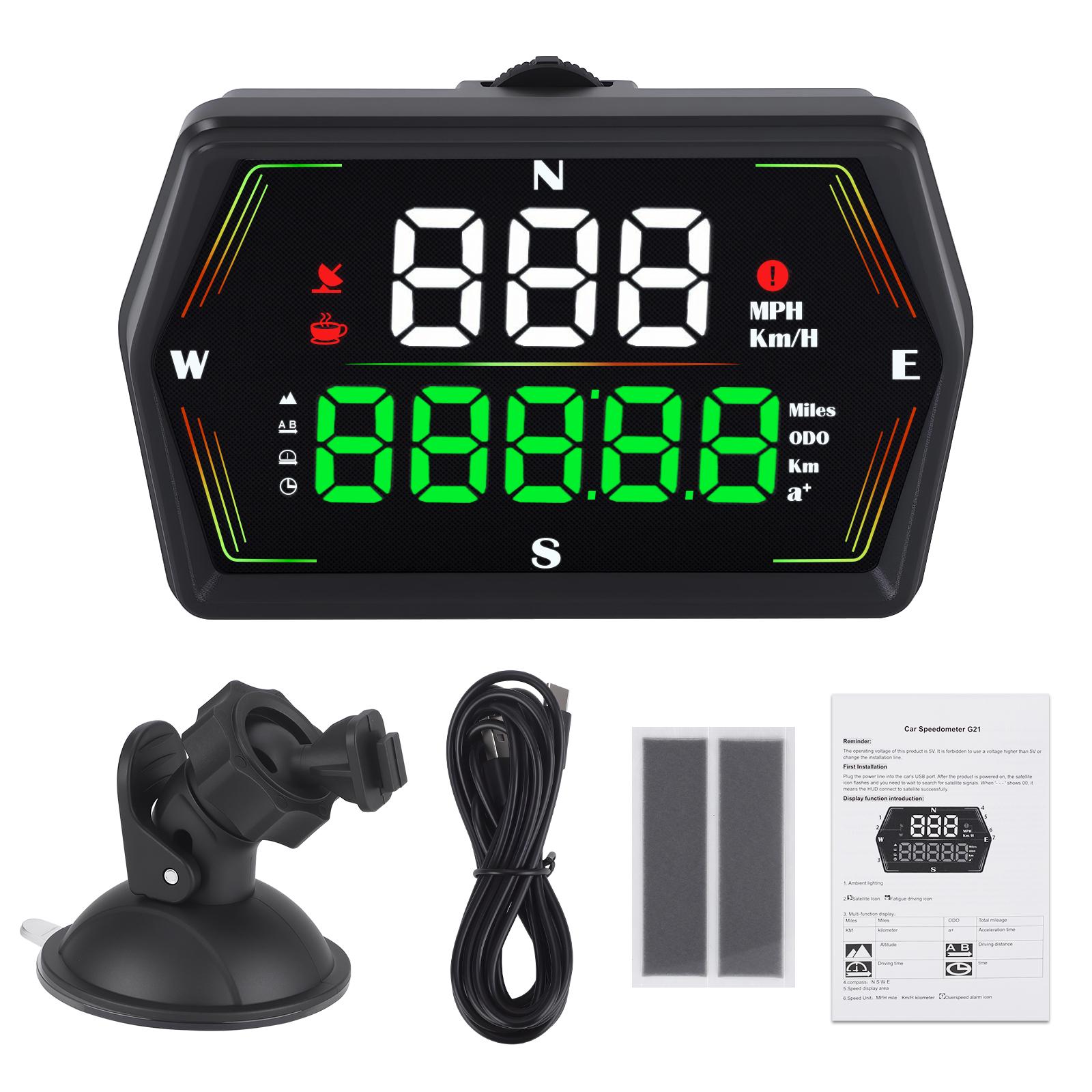 

HUD G21 GPS Car Head Up Display Digital Speedometer Big Font Compass Time Overspeed Warning For All Cars Electronic Accessories