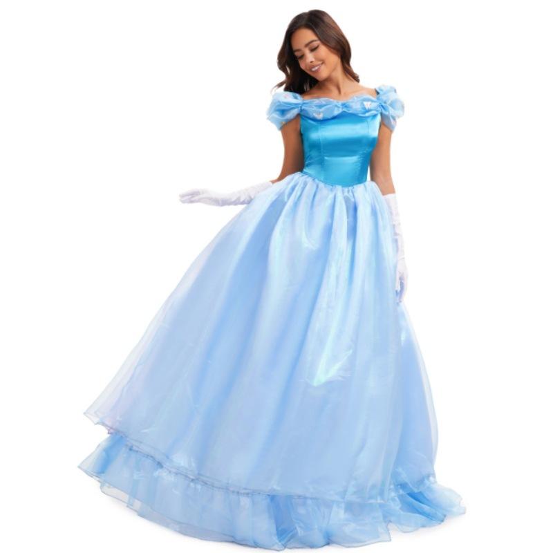 שמלת הופעות במה למבוגרים ליל כל הקדושים, גרסת פרימיום, שמלת הנסיכה סינדרלה, שמלת מסיבה לחג, שמלה כחולה