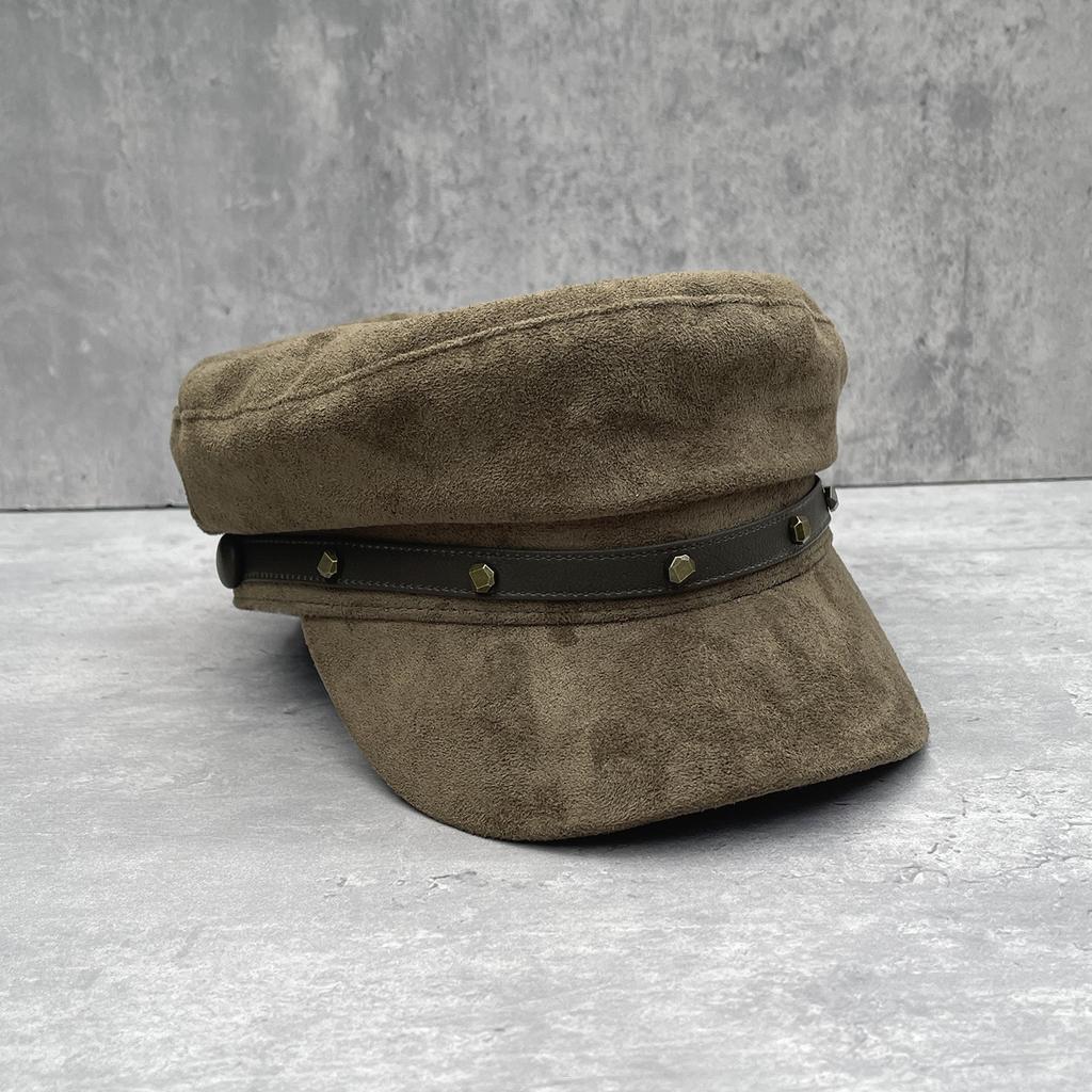 Autumn retro versatile imitation suede cloth flat-top newsboy hat female rivet belt buckle flat-top face small equestrian hat