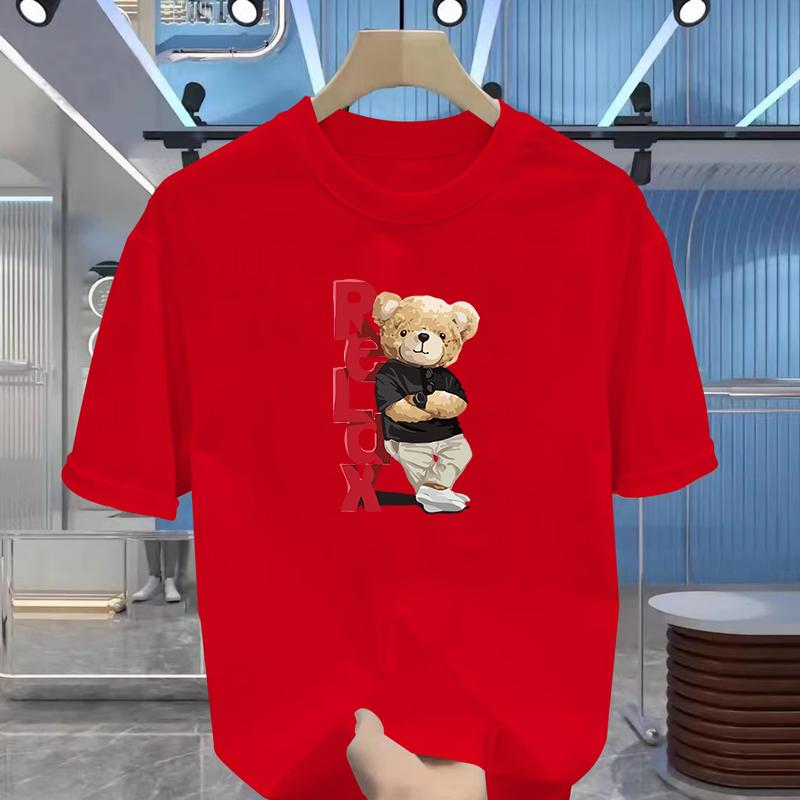 Men's Summer 100% Cotton Fashionable Casual Loose Large Size Letter Bear Printed Sports Round Neck Short Sleeve T-shirt Top