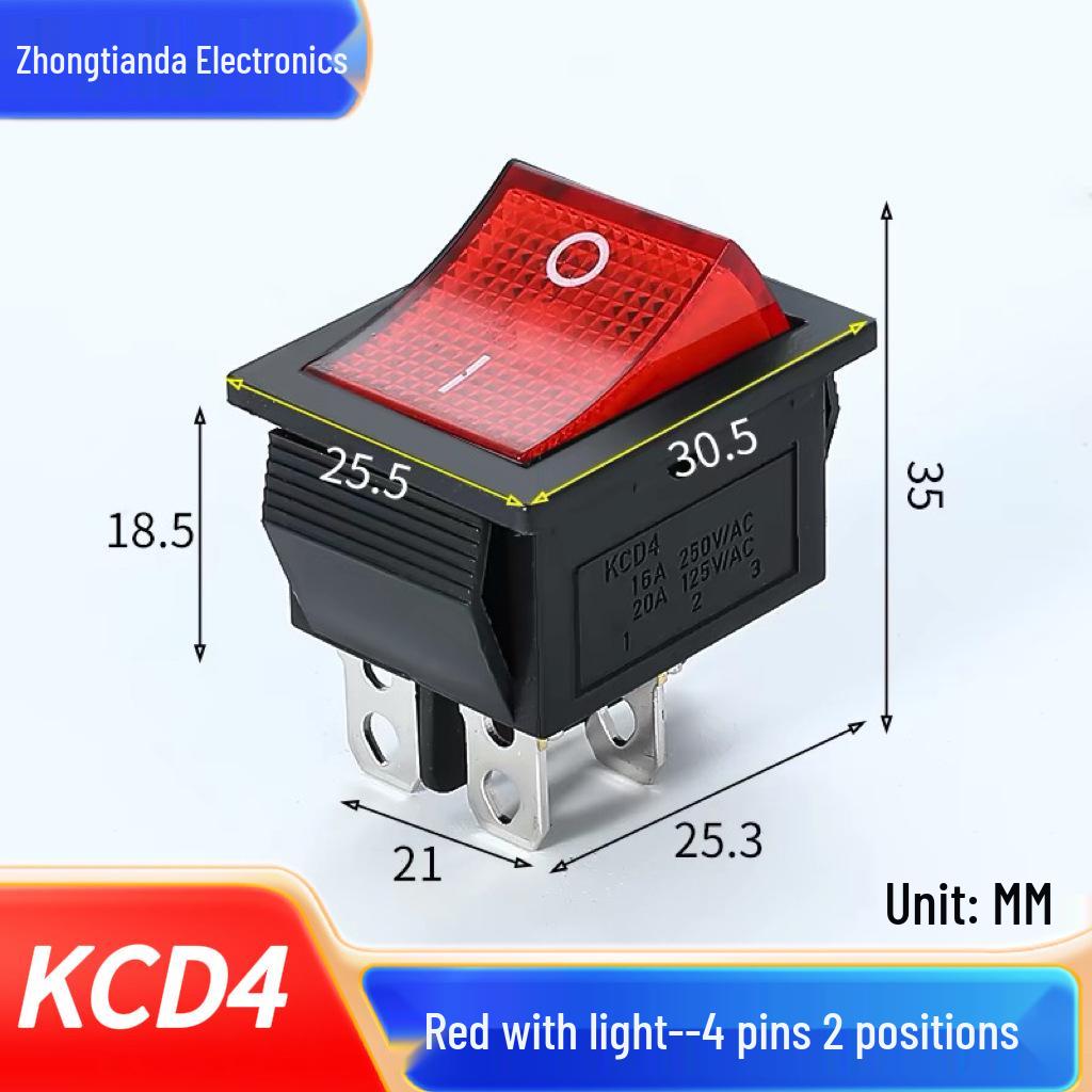 KCD4 Rocker Switch, Double Pole, 16A, 4/6 Pin with Light