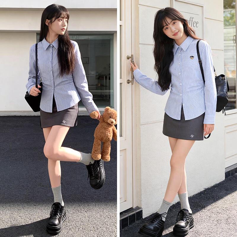 SPAO Women's Korean Style Striped Button-Down Shirt with Bear Embroidery