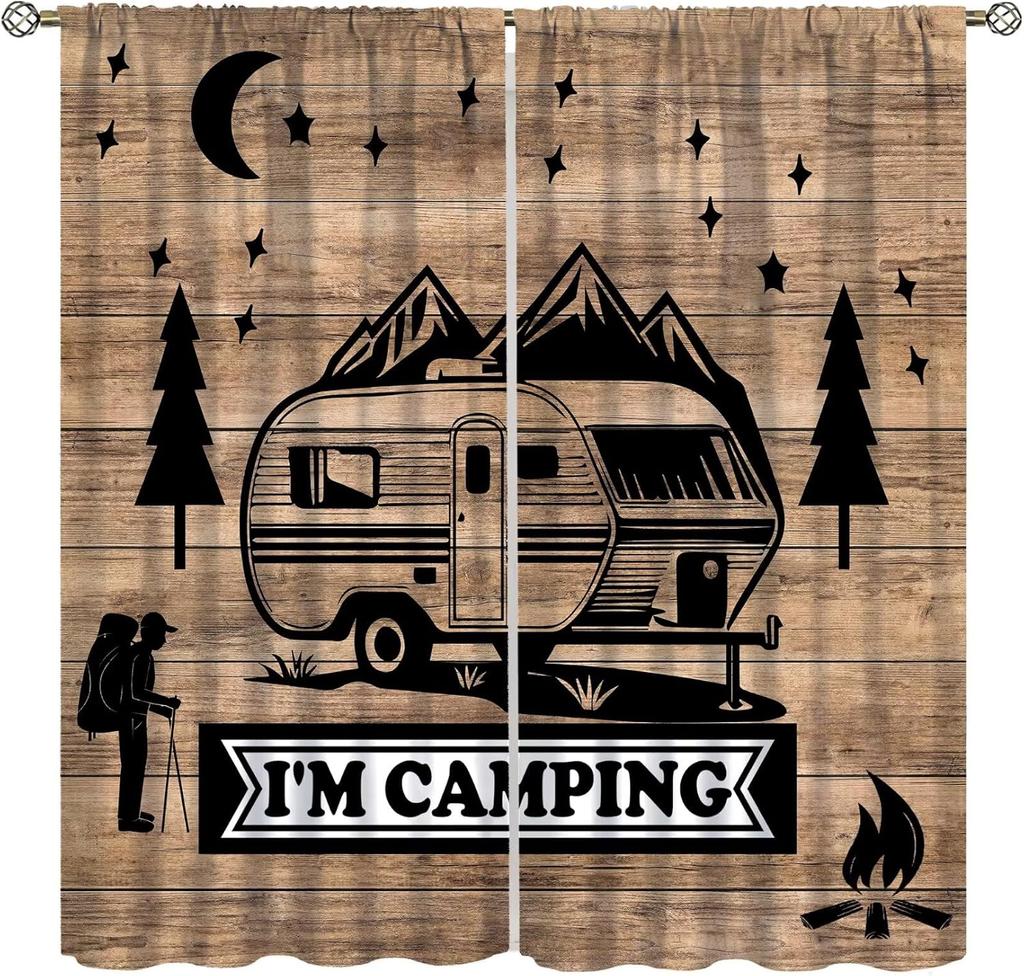 Retro Happy Camper Curta,Rustic Wood Plank Camping Travel Trailer Blackout Rod Pocket Window Curtain,For Boys Girls Living