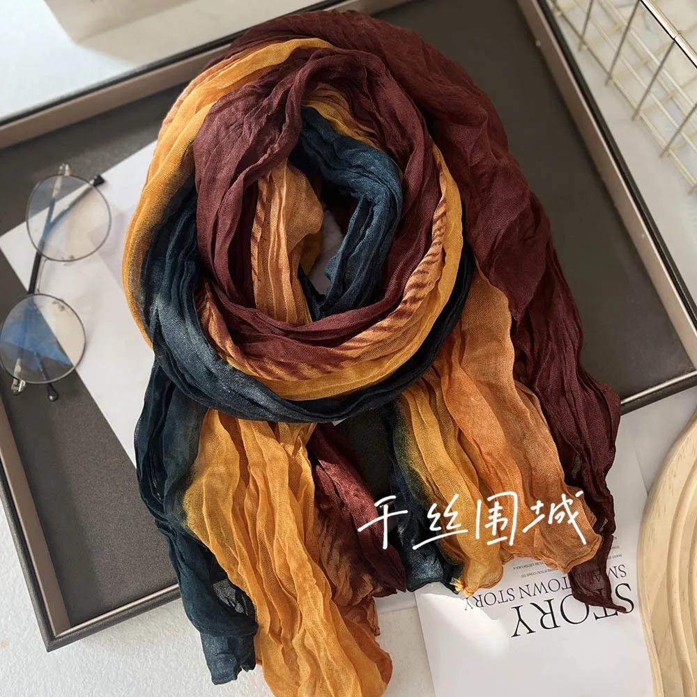 New Scarf Cotton Hemp Hand Feel Gradient Blue Autumn Winter Retro Versatile Printed Women's Long Fold Shawl Soft Fashionable
