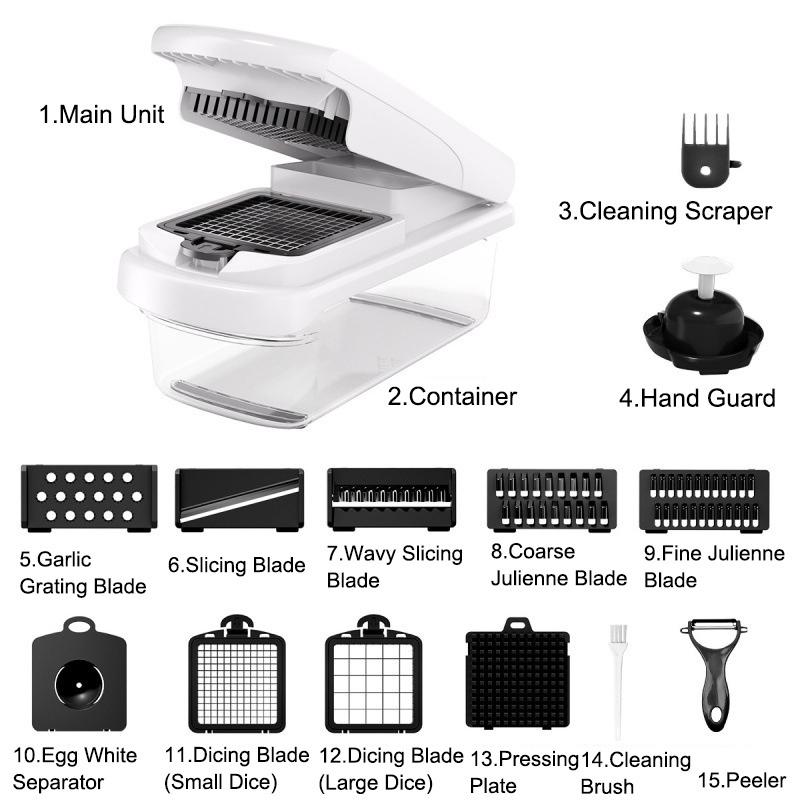 

15 в 1 багатофункціональний подрібнювач продуктів з контейнером овочерізка кухонна овочерізка, терка та подрібнювач білий