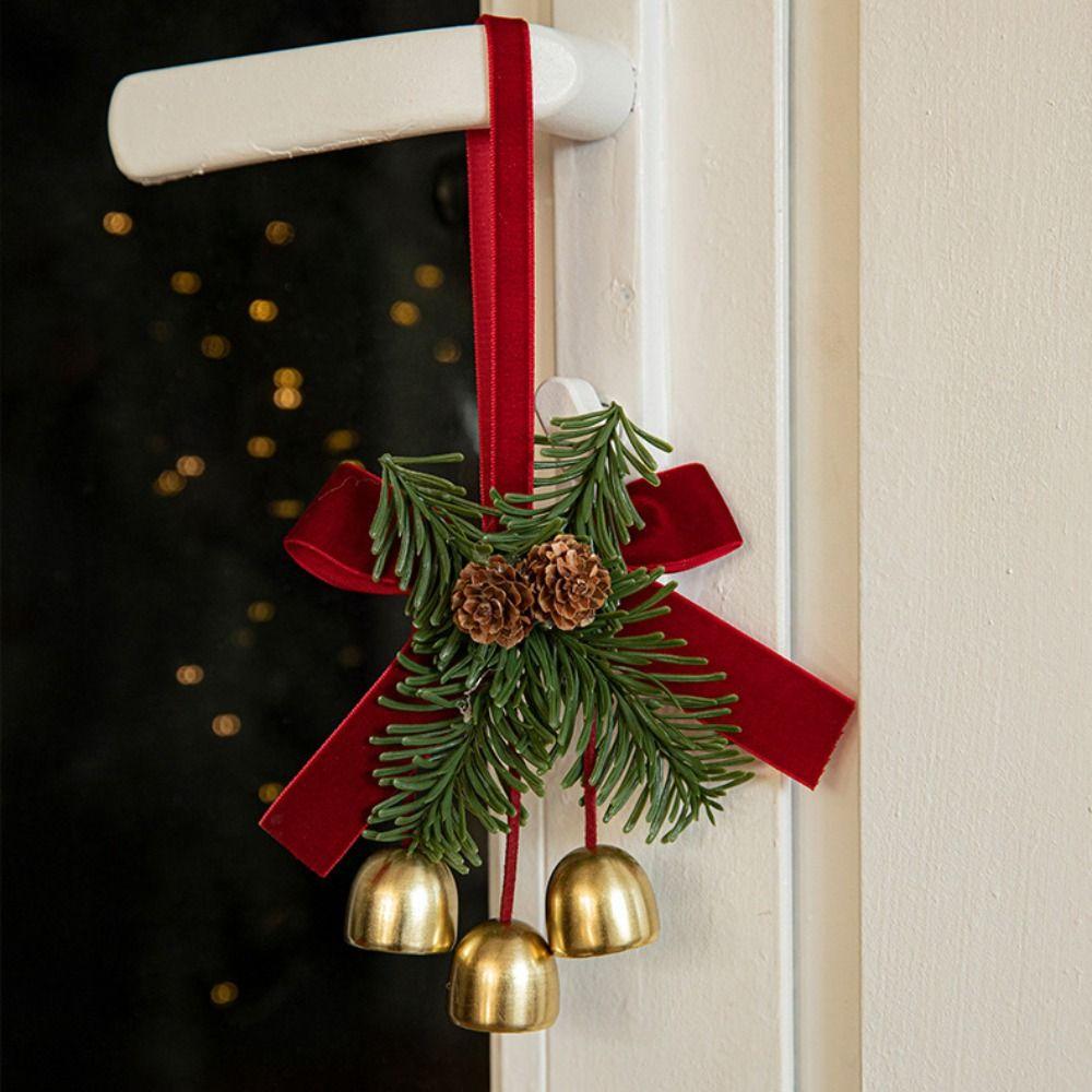 Wreath Christmas Chime Bell Green Pine Cone Bell Pendant Christmas Velvet Bow Bell  Garden Decor