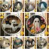 Transparent Halloween Wall Decor Acrylic Suncatcher Jigsaw Puzzle Set, Spooky Ghost Floral Meadow Window Hanging Ornament with Metal Cheerful Frame &