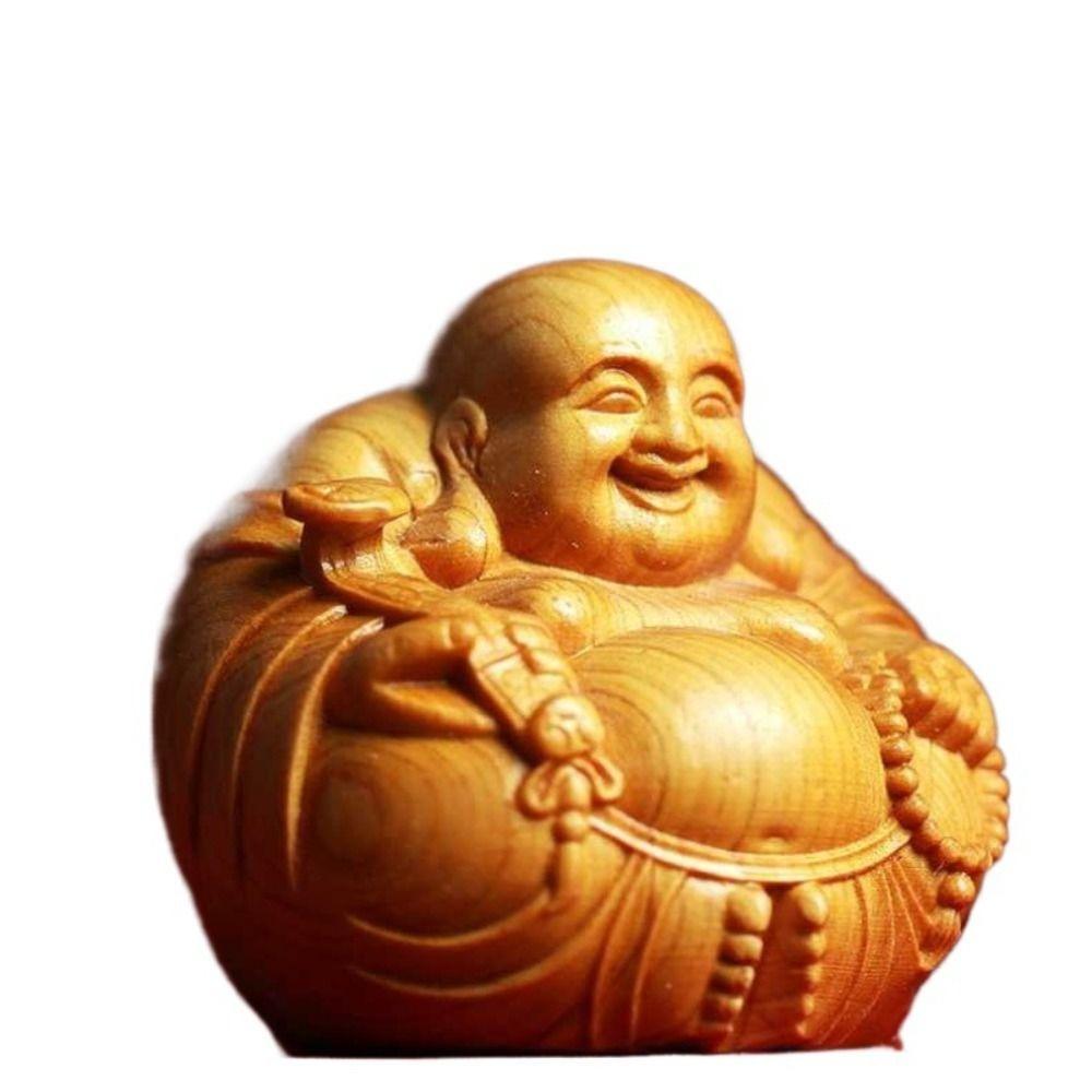 Woodcarving Laughing Buddha Maitreya Sculpture Mini Wooden Buddha Statue Craft Miniature Handmade Statue Children