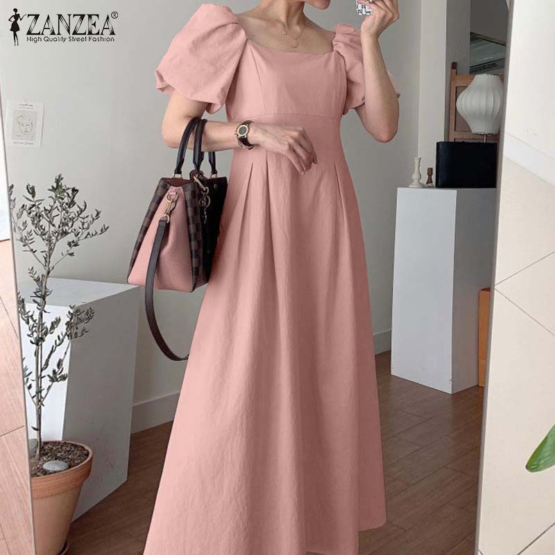 ZANZEA Moda Coreana Vestido Largo Mujeres Verano Casual Cuello Cuadrado  Manga Corta Vestido de Algodón comprar a buen precio — entrega gratuita,  reseñas reales con fotos — Joom