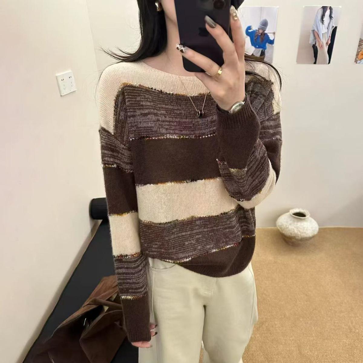 

Korean Style Women’s Striped Colorblock Knit Sweater - 2025 Autumn Casual Loose Fit Large кофейный
