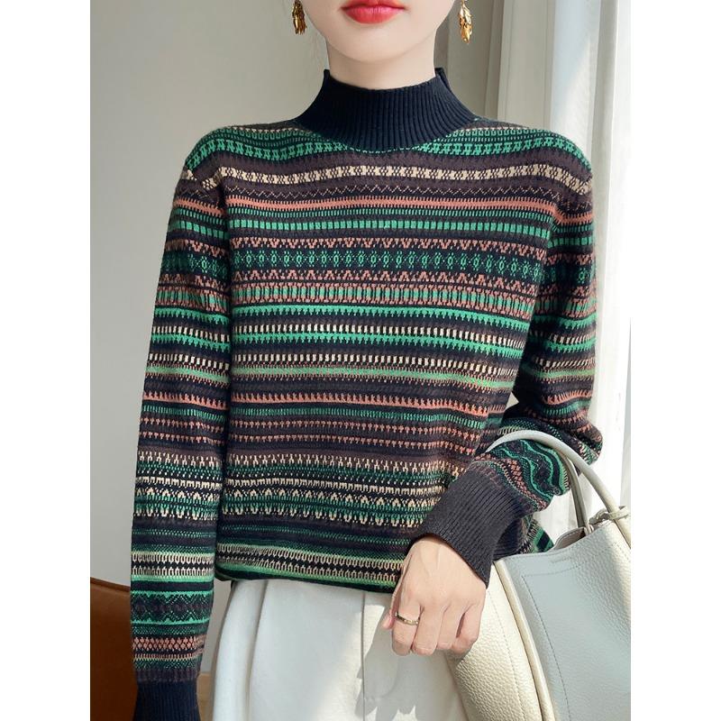 

Женский ретро-жаккардовый свитер с полувысоким воротником, новый универсальный полосатый базовый пуловер на осень и зиму, цветной вязаный свитер XXL зелёный