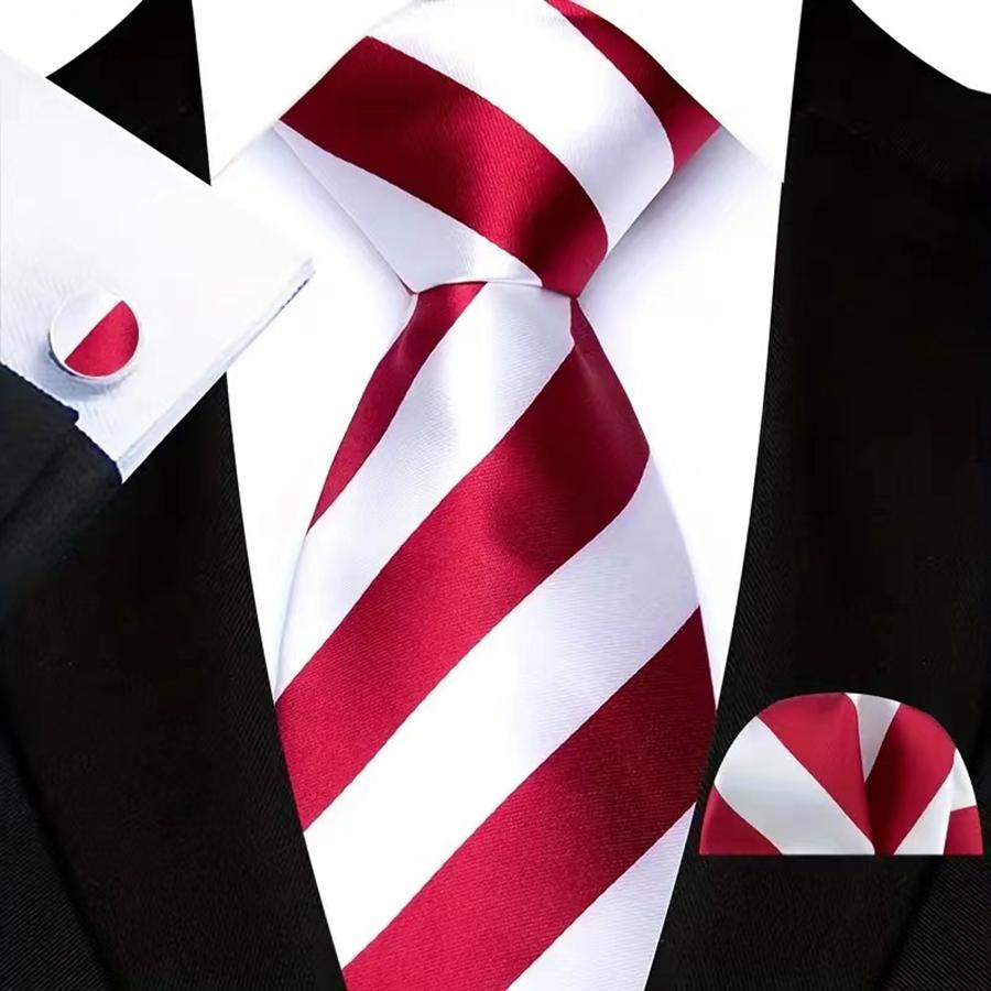 Red Striped Paisley Solid Floral Wedding 8CM Tie For Men Design Mens Necktie Hanky Cufflink Set For Daily Wear Business Party