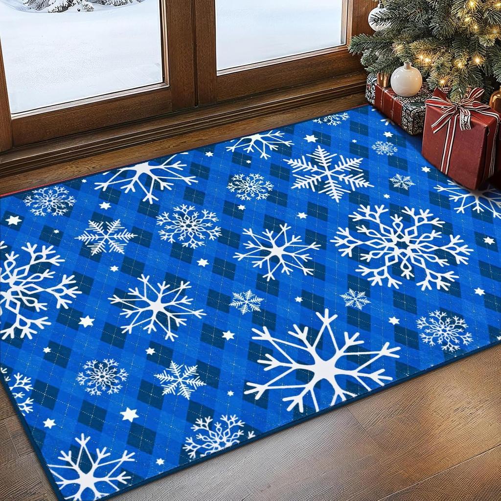 Christmas Area Rug Rugs Soft Washable Rug for Bedroom, Non Slip Snowflake Xmas Throw Rugs Winter Checkered Christmas Carpet for