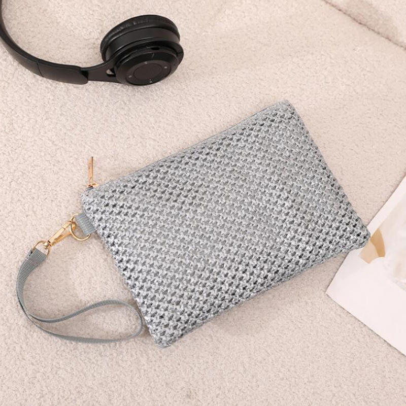 Fashion Straw Woven Bag For Women Hollow Out Beach Handbag With Wrist Strap Portable Phone Purse Solid Color Simple Cash Bag Summer Accessory