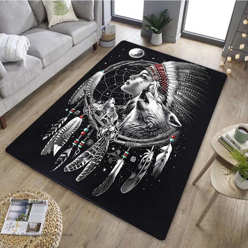 1 Stück Stilvoller Wolf Traumfänger Muster Anti-Rutsch Küchenteppich für Küche Wohnzimmer Schlafzimmer Waschbarer Flanell Teppich