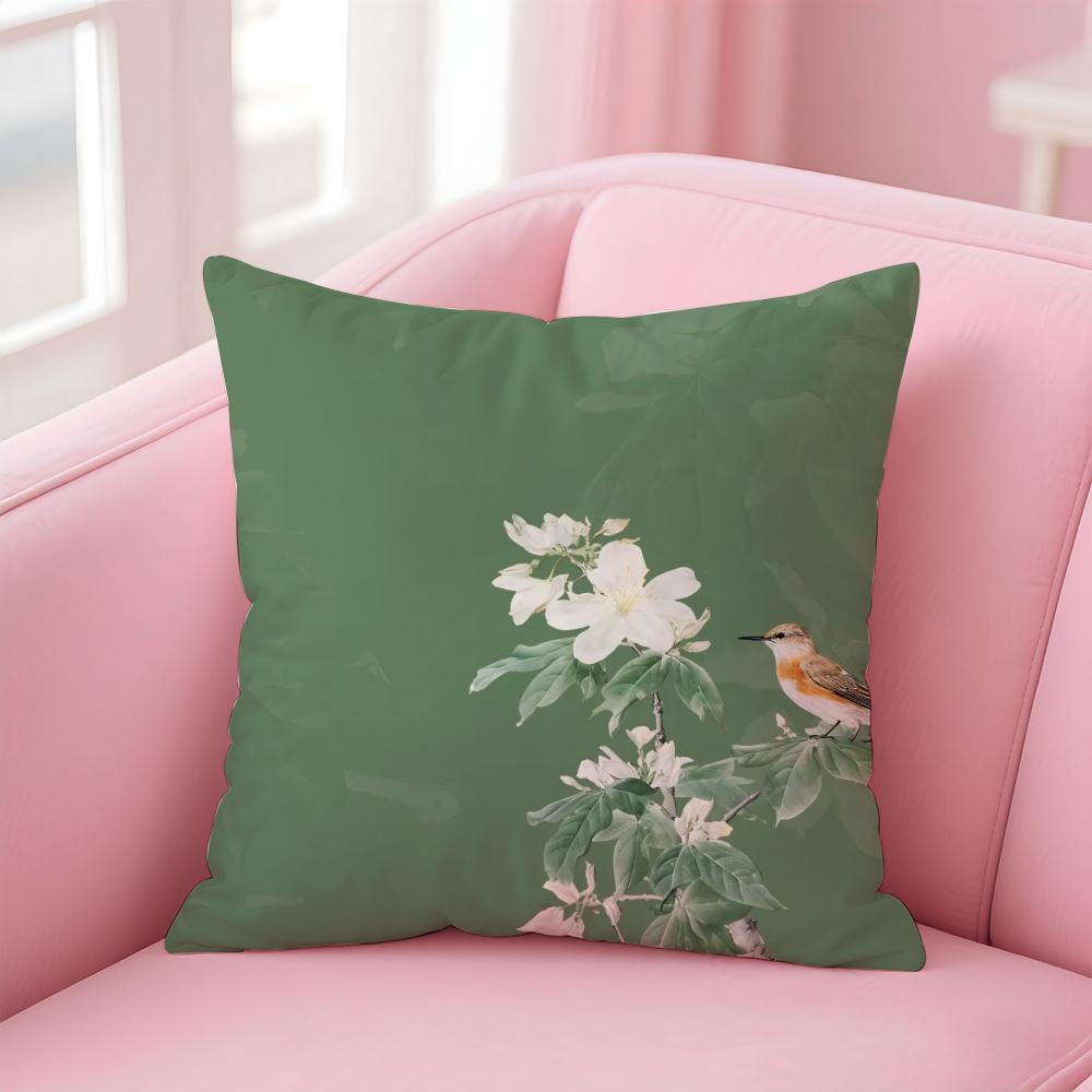 Chinese Style Simple Bird Flowers Cushion Cover Linen Pillowcase Cover Soft Decor for Sofa Home Room