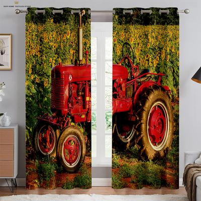 Tractor Harvester Sunflower Curtains, Pastoral Style, 2 Panel, Living Room, Bedroom, Balcony, Farmhouse Decor, Shade