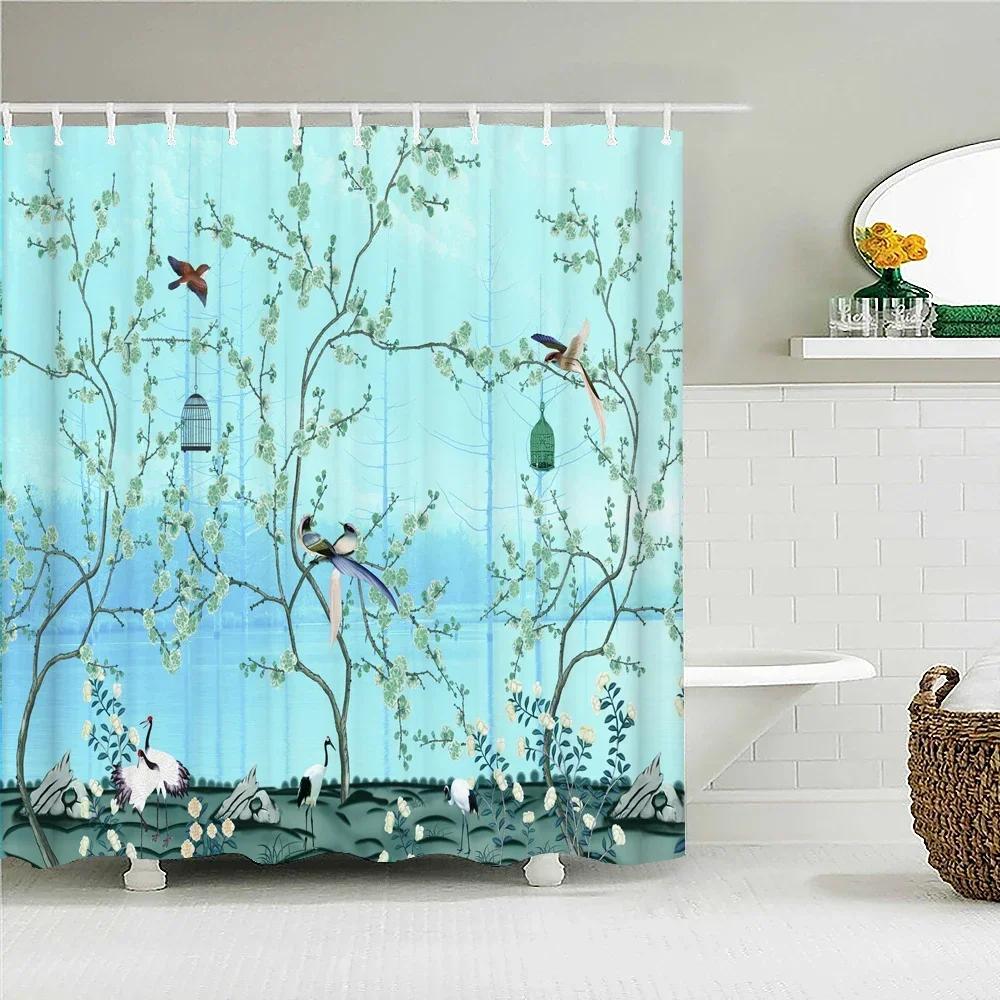 Duschvorhänge im chinesischen Stil mit Blumen und Vögeln, wasserdicht, Badezimmervorhang, 3D-bedruckter Stoff mit Haken, Dekoration, Duschvorhang