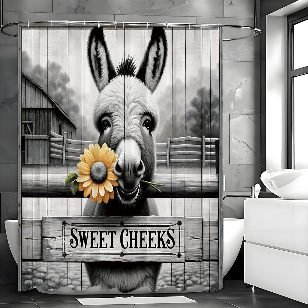 Farm Donkey Yellow Flower Shower Curtain, Bathroom Decorative Shower Curtain, Waterproof Shower Curtain with Hooks