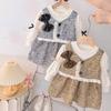Autumn Sweet Bow Baby Girl Dress Simple Checkered Long Sleeved Children'S Clothing Suitable Babies