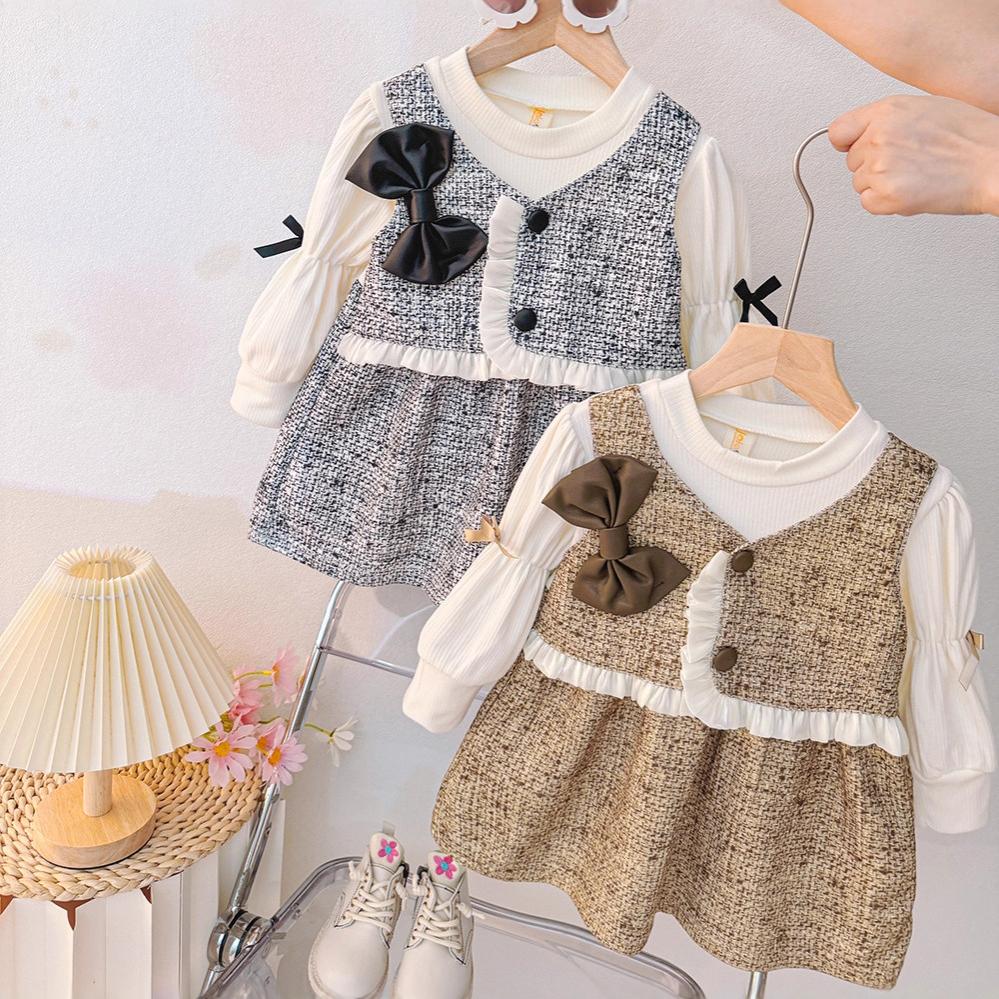 Autumn Sweet Bow Baby Girl Dress Simple Checkered Long Sleeved Children'S Clothing Suitable Babies