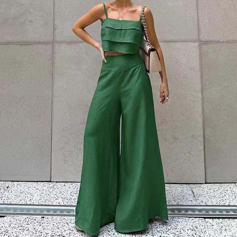 

Western Style Summer Fashion Cami Wide-leg Pants Set Suspender Vest and Pants Set Green S