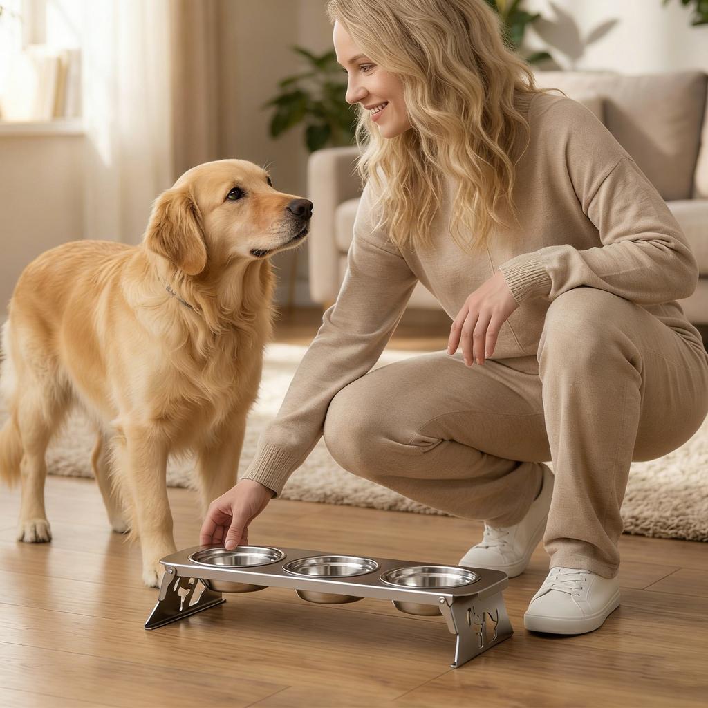 Supporto Pieghevole Regolabile a Tre Ciotole in Acciaio Inossidabile per Animali Domestici, Alimentatore per Cani Piccoli e Gatti, Ciotole Staccabili per Cibo e Acqua
