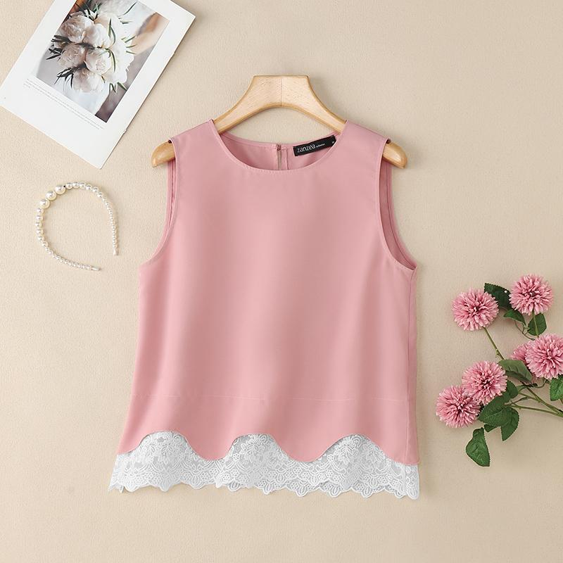 ZANZEA Women Lace Splice Summer Casual Round Neck Sleeveless Tank Tops