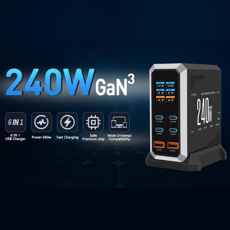 240W Charging Adapter 6 In 1 140W USB Type C Digital Display Fast Charging Station for Mobile Phone Laptop Electronics
