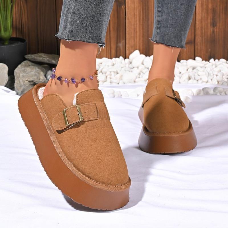 Nye vinterplysj tykksålede fluffy tøfler dame yttertøy beltespenne veskehode varm halvdrag bomullssko