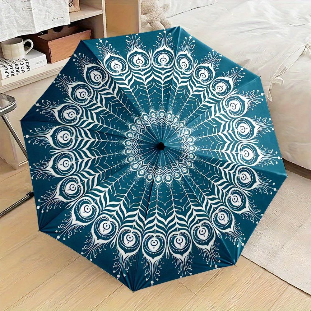 

Automatic Open/Close Folding Umbrella with Elegant White Peacock Feather Patterns - Compact Travel Umbrella, Sturdy 8-Rib Shaf Iron&8K