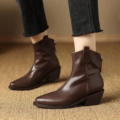 Botines Cortos de Moda Otoño Invierno Básicos Botines al Tobillo para Mujer Cuero Genuino Tacones Gruesos Punta Afilada Maduros Nueva Llegada Botas Mujer
