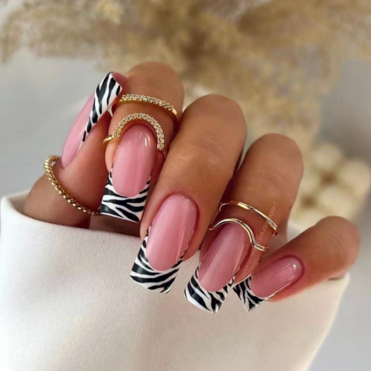 

European & American Pink Zebra & Leopard Print Wearable Nails - Square Shape, 24 Removable Pieces, French Manicure Style