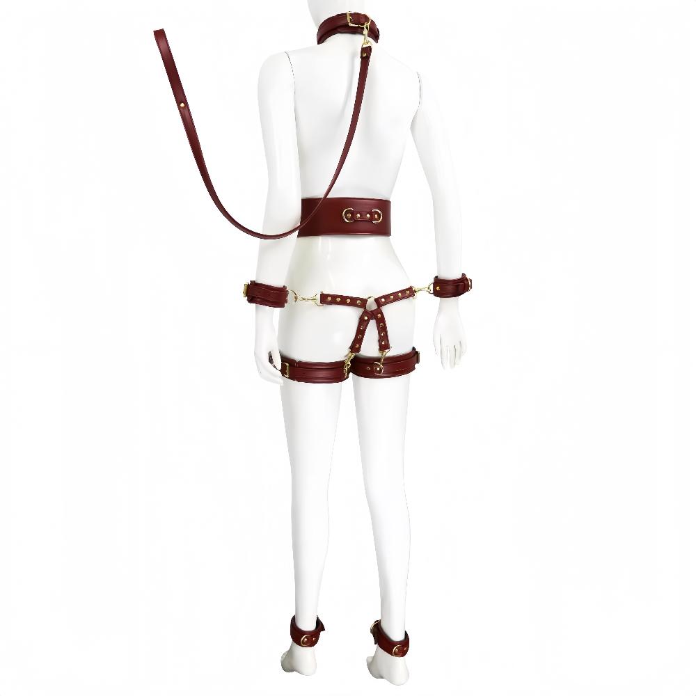 SM Bondage Set with Belt Wrist and Thigh Cuffs Cross Buckles Adult Play Bondage Handcuffs and Footcuffs Adjustable SM Erotica Se