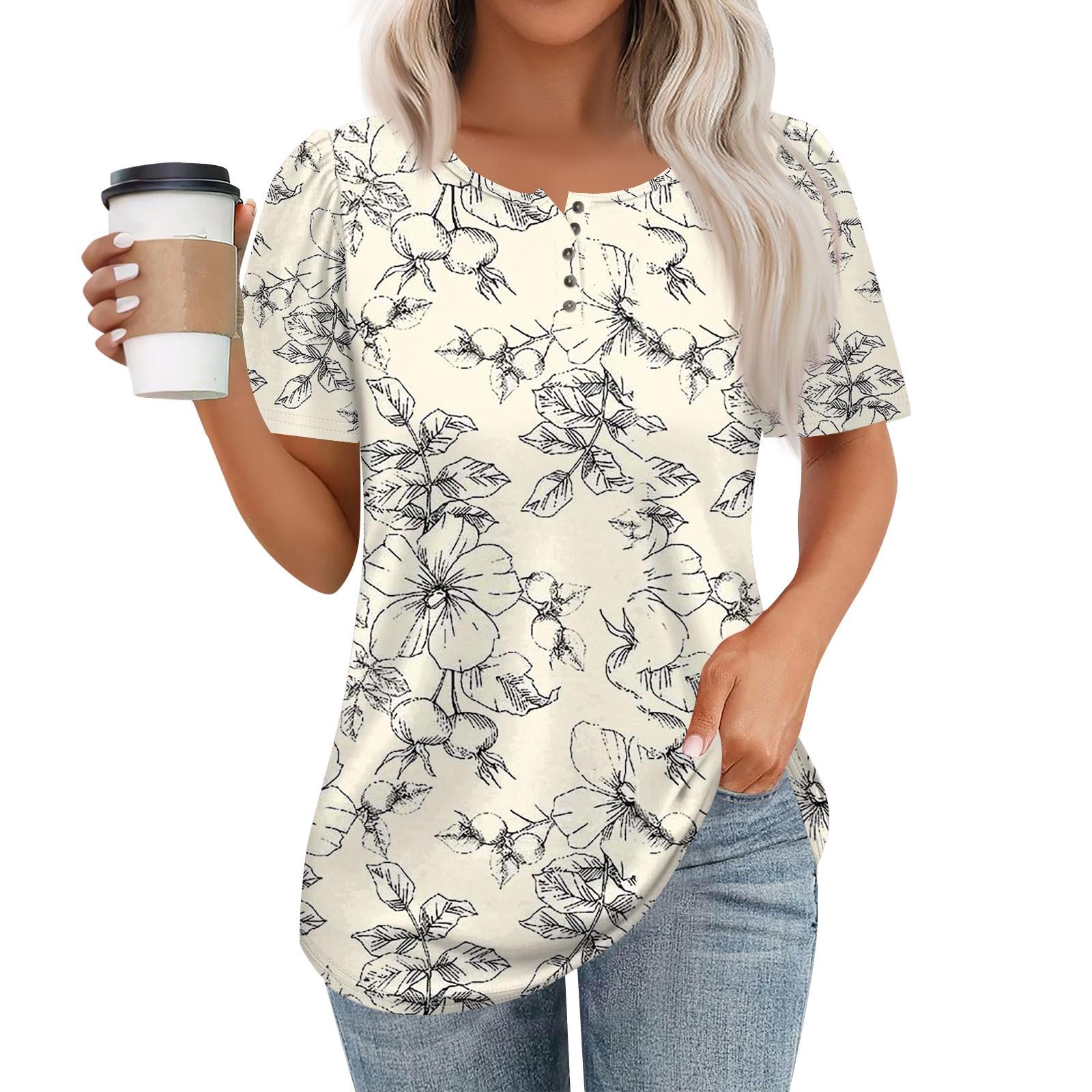 

Женский модный повседневный короткий рукав пуловер с цветочным принтом и круглым вырезом на пуговицах L бежевый