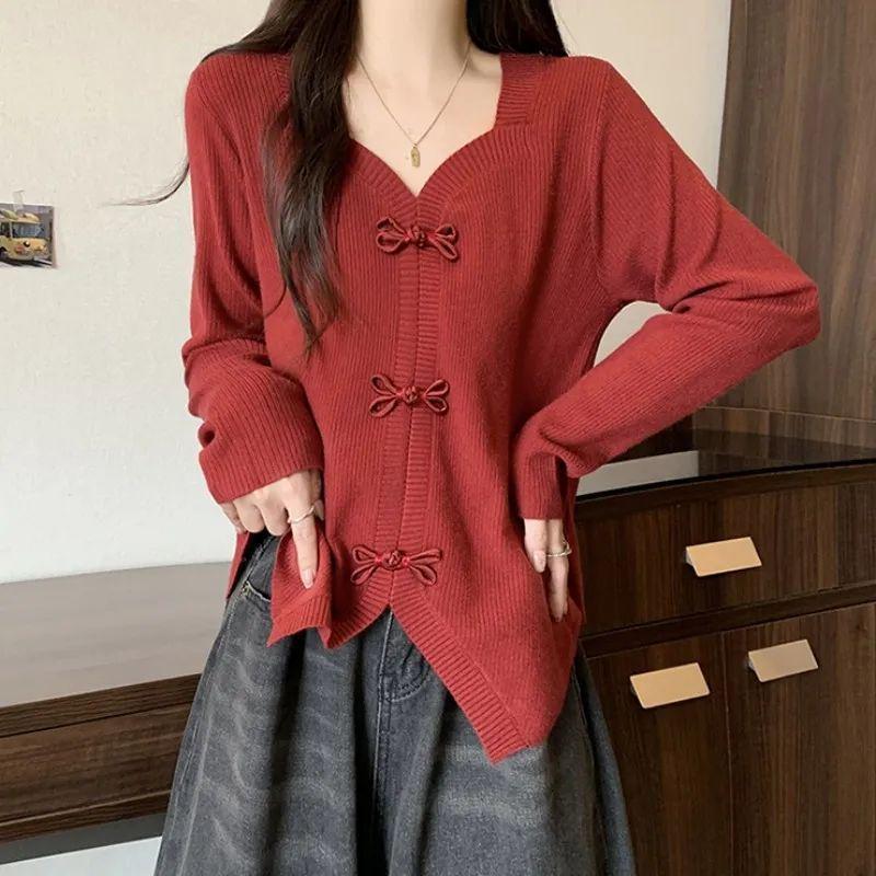 

Plus Size Ribbed V-Neck Long-Sleeve Chinese-Inspired Loose Top for Women – Spring/Autumn Fashion 4XL красный