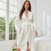Satin Lace Sleepwear Set Luxury Long Sleeve Robe Cooling Nightgown Sexy Loungewear Bathrobe Women Elegant Home Dress