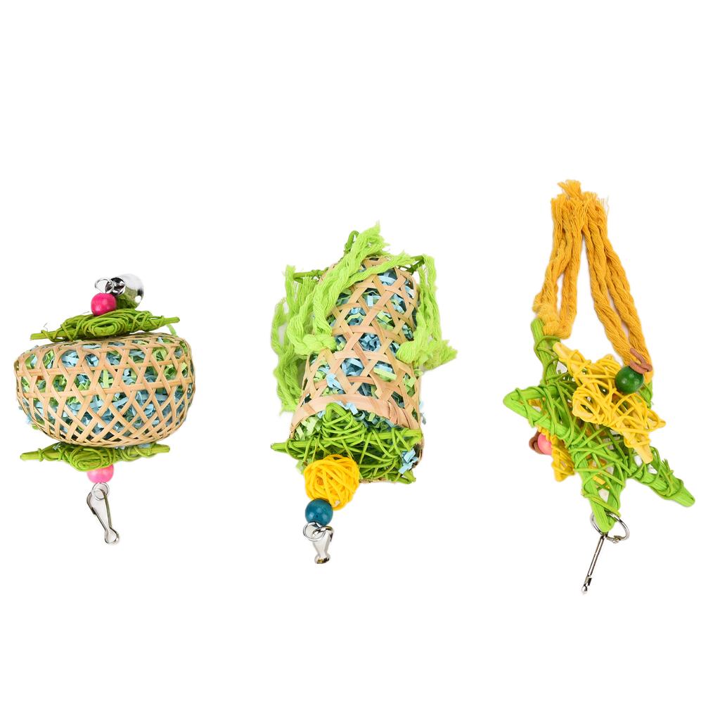 3pcs Bird Chewing Toys Natural Parrot Shredder Toy Set with Bells Rattan Ball for Budgies African Grey Parrot Cockatiels