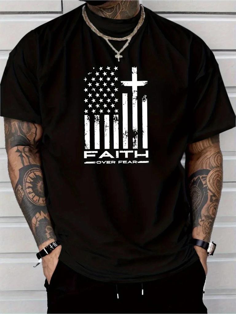 Faith Over Fear American Flag Cross Graphic T shirt Patriotic Christian Tee