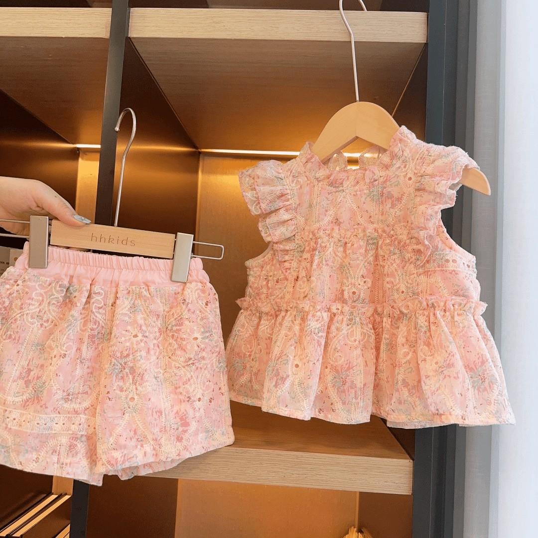 Summer Girls Pink Embroidered Flutter Sleeve Babydoll Top And Shorts 2 Piece Outfit Set 90cm