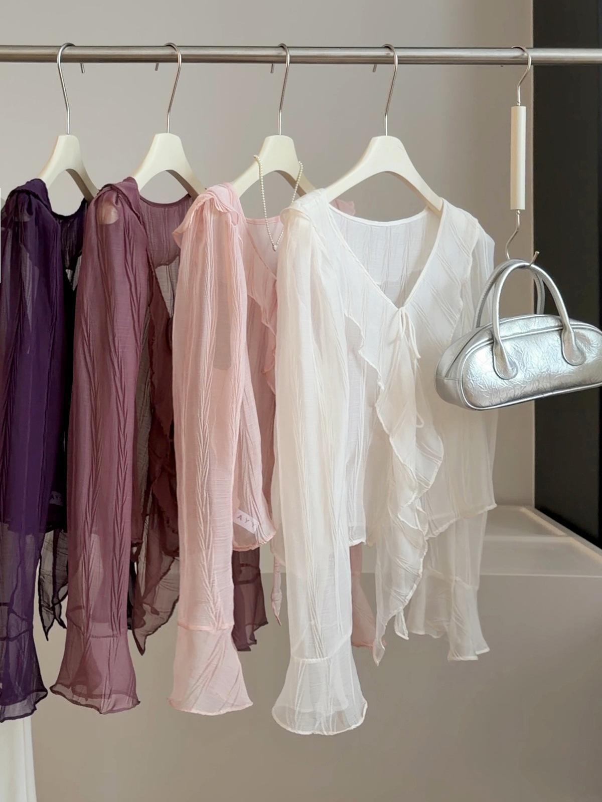 Women s V Neck Long Sleeve Blouse Loose Fit French Ruffle Flare Sleeve Solid Sheer Chiffon Tie Front Lightweight Summer Cardigan Top