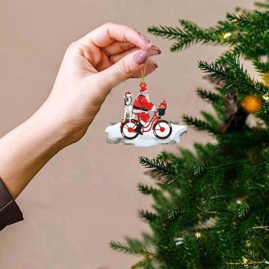 Yousheng Santa Riding A Bicycle with A Dog Ornament Cute Acrylic Santa Claus Christmas Tree Ornament for Holiday Party Decoration