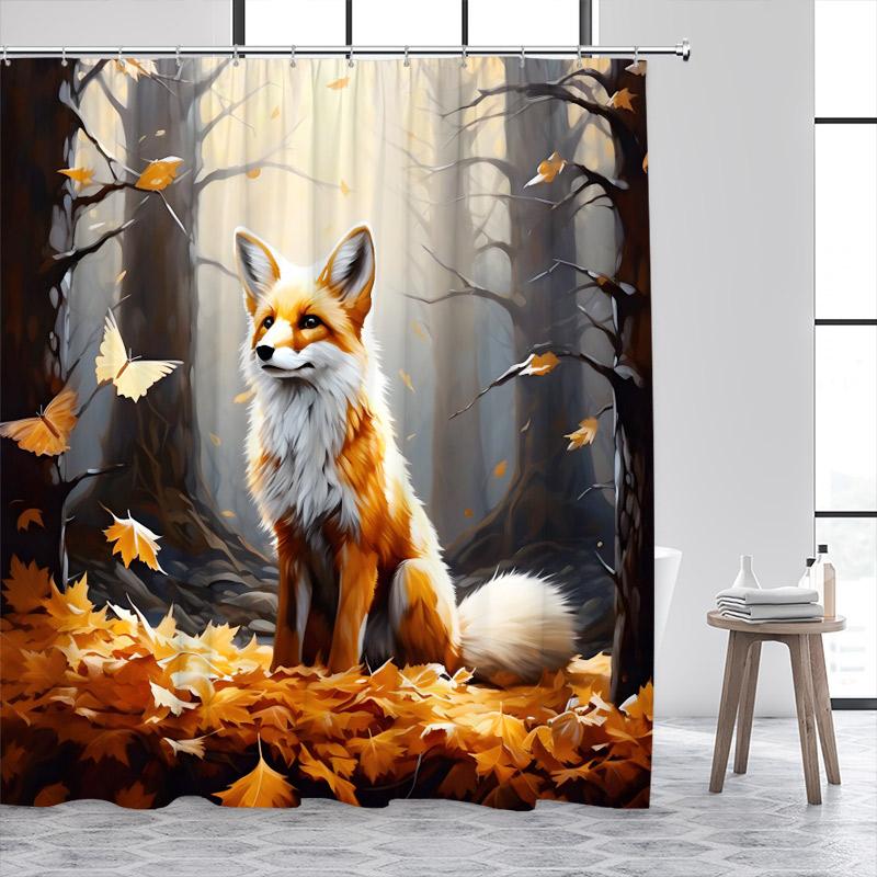 Funny Fox Shower Curtain Autumn Forest Maple Leaves Animal Fall Art Scenery Bath Curtains Fabric Home Bathroom Decor with Hooks