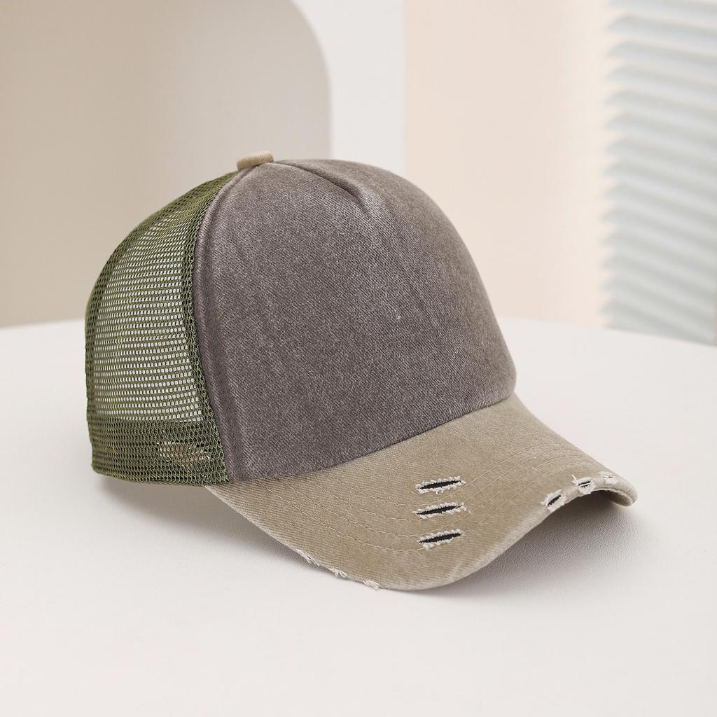 Fashionable Glossy Solid Color Washed Sponge Top Mesh Baseball Cap, Classic Perforated and Fringed Sunshade Baseball Cap