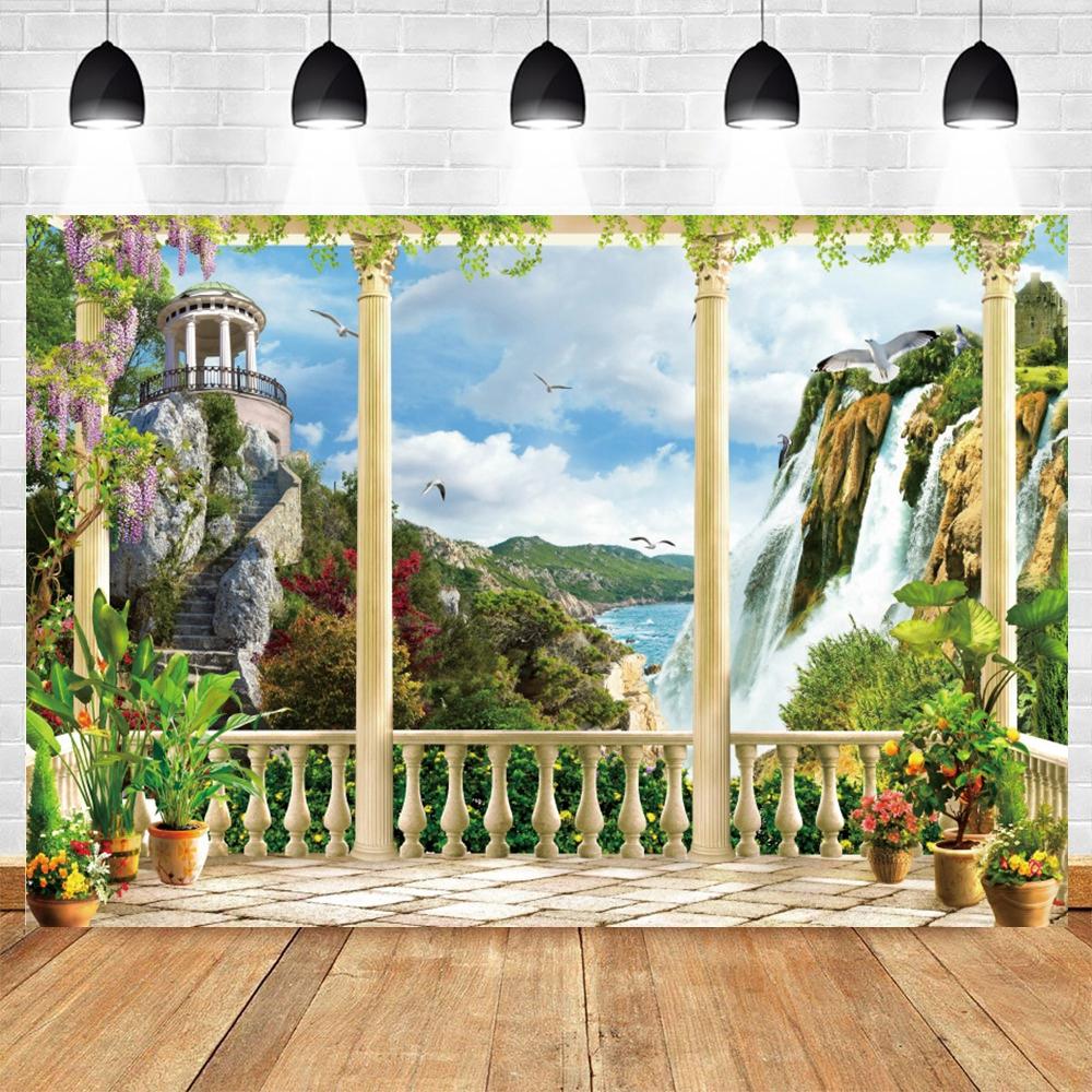 Summer Seaside Tropical Beach Balcony View Backdrop Palm Trees Mountain Wedding Party Portrait Photography Background Photo Prop