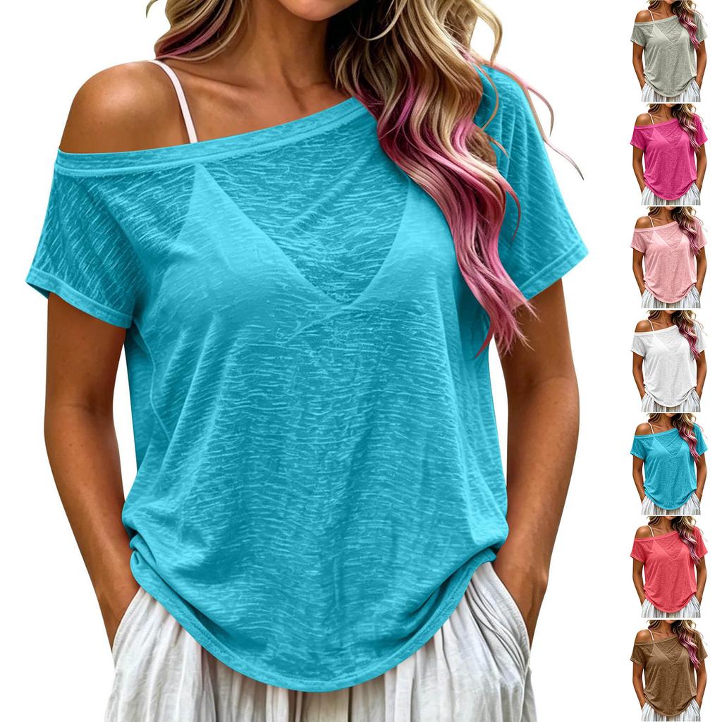Women Casual Off Shoulder Sheer Short Sleeve T Shirt Loose Fit Lightweight Summer Top with Relaxed Silhouette